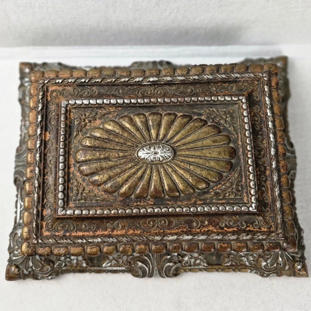 Syroco Vintage Ornate Bronze Silver Jewelry Box with Removable Wood Tray 12in